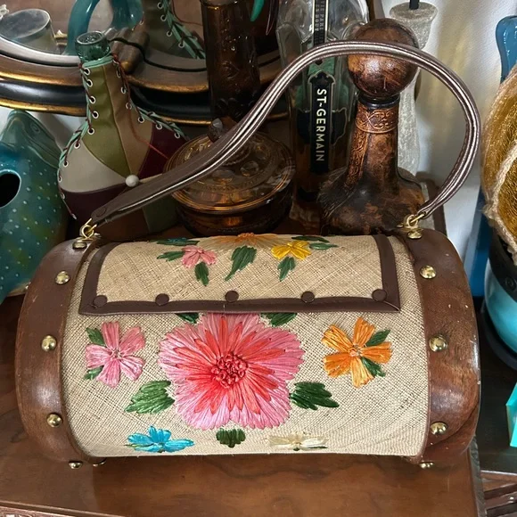 Vintage Floral Embroidered Raffia & Wooden Barrel Bag ~ Bags By Whidby Inc. - Picture 6 of 14